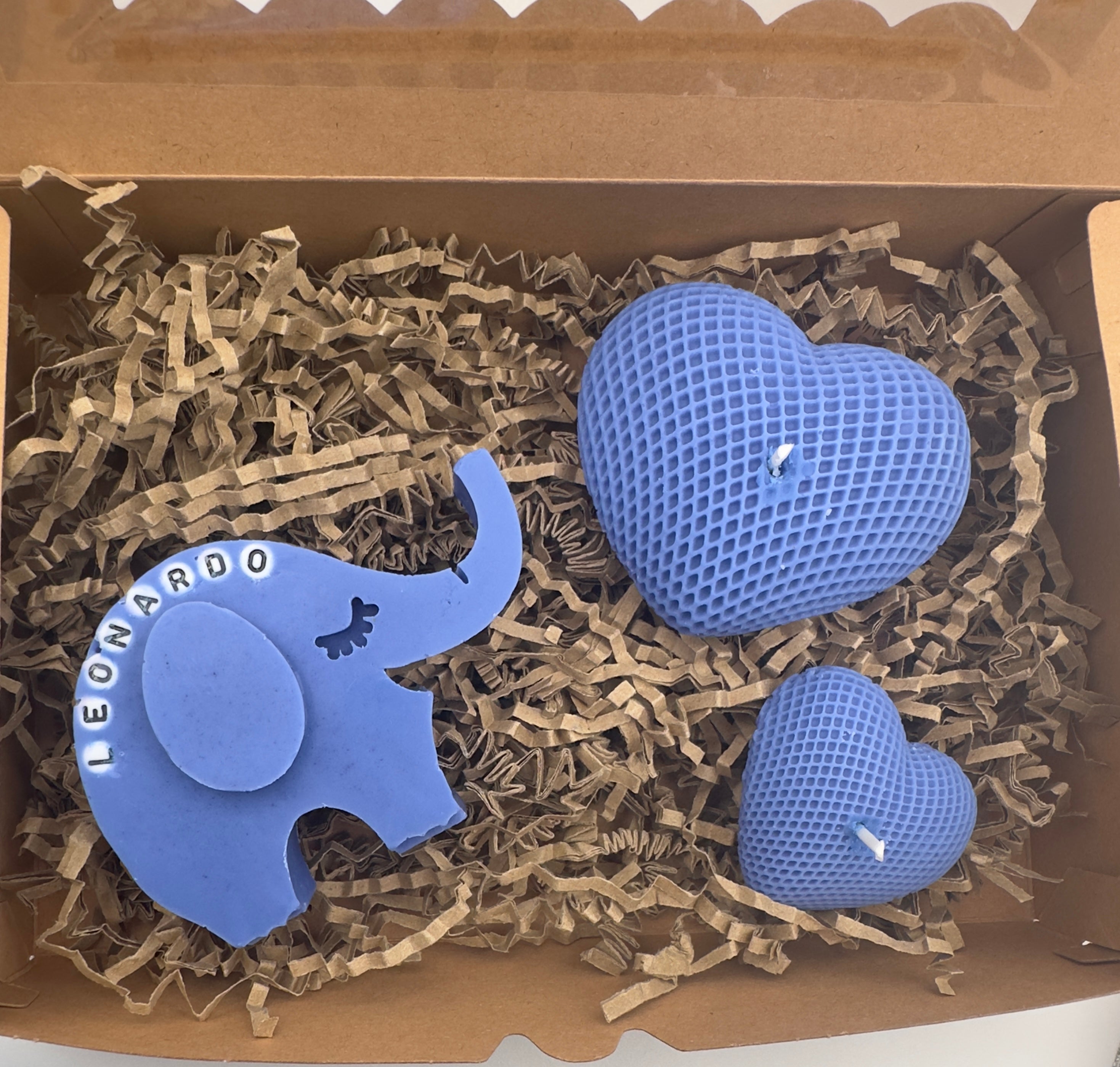 Cofanetto regalo con candela elefantino personalizzato + cuori